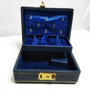 Vintage royal blue Swiss musical jewelry box with gold tone accents